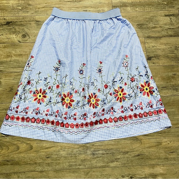 NWOT MAGIC Floral Embroidered Skirt Blue Checkered Garterized Waist Size XL - Picture 4 of 15